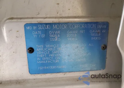 2008 Suzuki Sx4 Base из США, поврежденный, VIN JS2YB413085106580